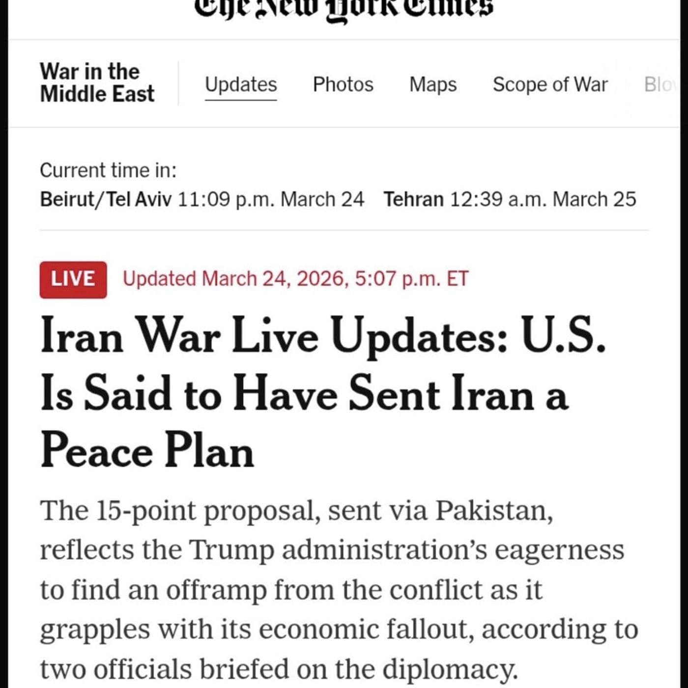 March 24, 2026 - US sends 15-point peace proposal to Iran via Pakistani mediators - Simon Marks Reporting cover
