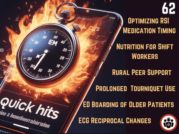 EM Quick Hits 62 Optimizing RSI Medication Timing, ED Boarding of Older Patients, Prolonged Tourniquet Use, Rural Peer Support Programs, ECG Reciprocal Changes, Nutrition Tips for Shift Workers - Emergency Medicine Cases cover