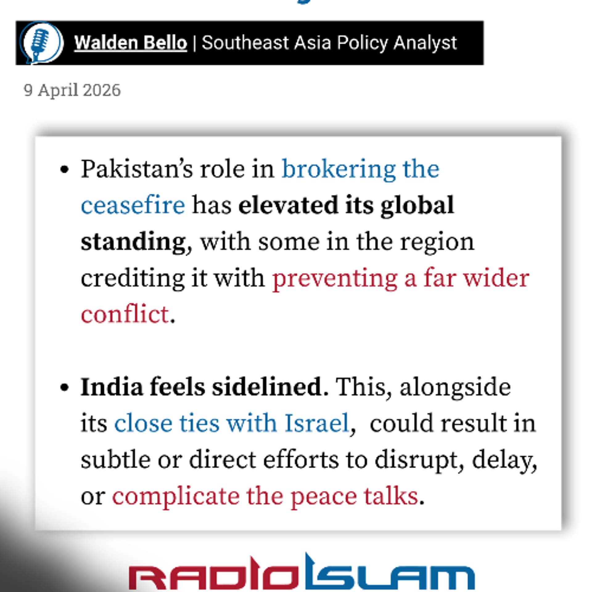 India feeling left out as Pakistan leads ceasefire talks - Radio Islam cover