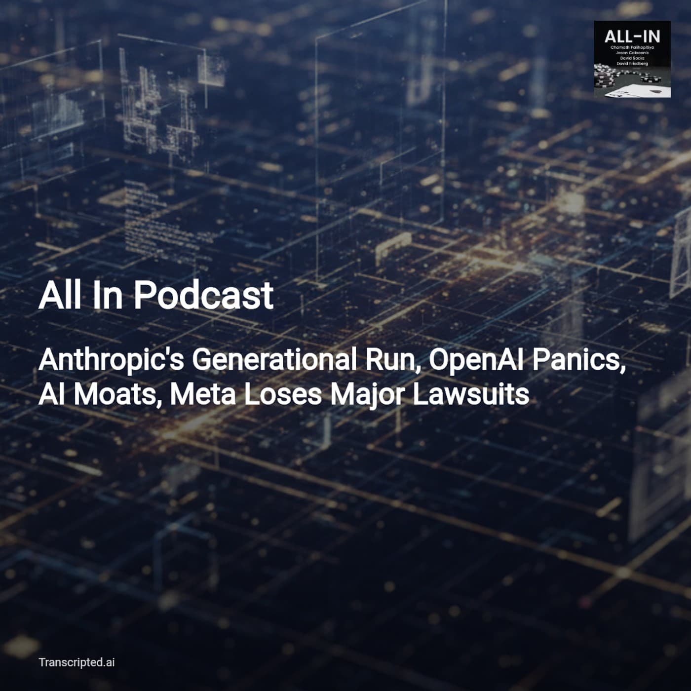 Anthropic's Run, OpenAI’s Pivot & Meta Verdicts — All In Podcast (Condensed) - AI Podcast Summaries from Transcripted.ai (VIDEO) cover