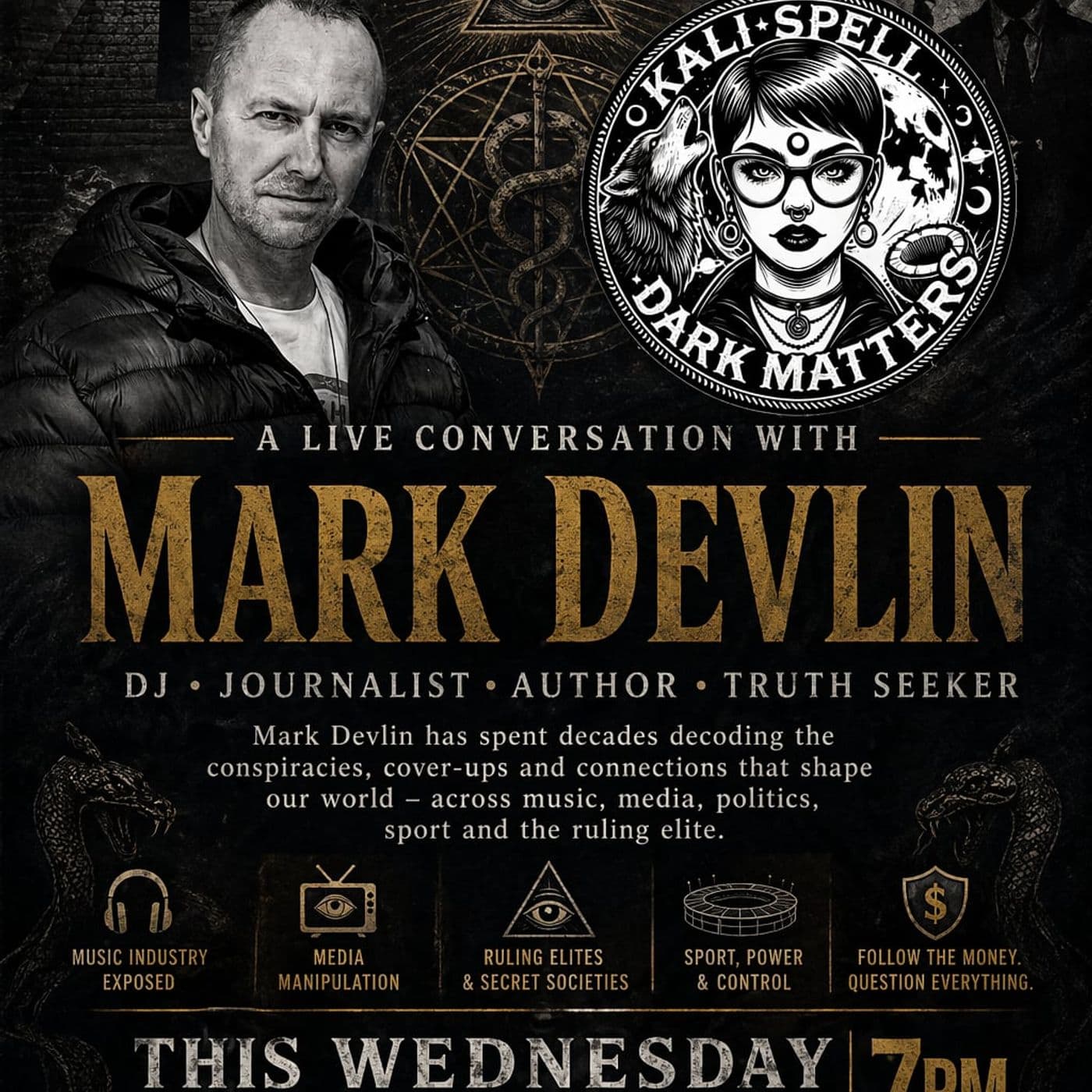 Mark Devlin guests on Dark Matters with Kali Spell, April 2026 - Mark Devlin podcast/ radio interviews cover